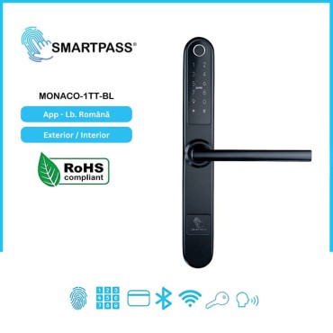 MONACO BLACK încuietoare smart cu amprentă, Bluetooth, WiFi, cod PIN, card RFID, cheie
