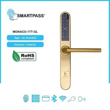 MONACO GOLD încuietoare smart cu amprentă, Bluetooth, WiFi, cod PIN, card RFID, cheie