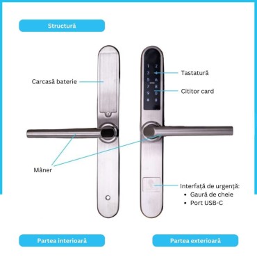 PARIS SILVER încuietoare inteligentă cu Bluetooth, WiFi, PIN, card RFID, cheie
