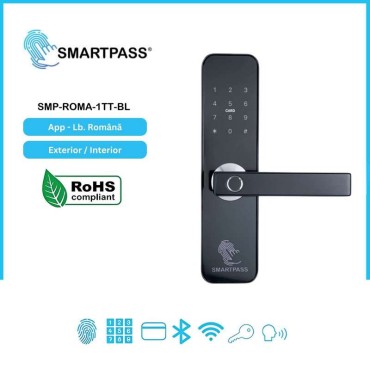 ROMA BLACK încuietoare smart cu amprentă, Bluetooth, WiFi, cod PIN, card RFID, cheie