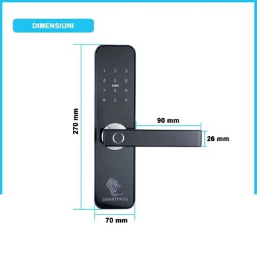 ROMA BLACK încuietoare smart cu amprentă, Bluetooth, WiFi, cod PIN, card RFID, cheie
