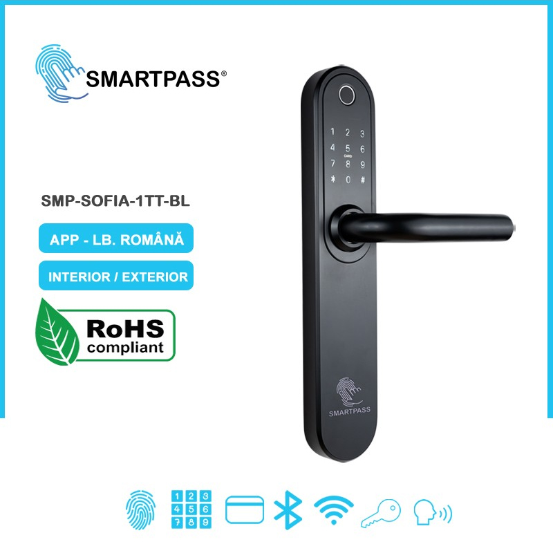 SOFIA BLACK încuietoare inteligentă cu amprentă, Bluetooth, WiFi, PIN, card RFID, cheie